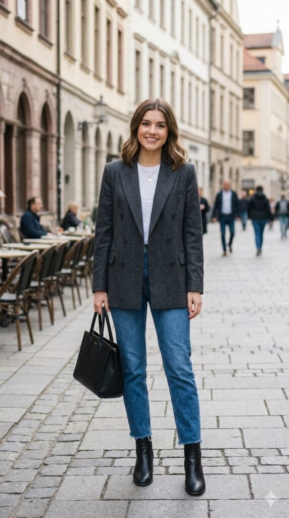 Woman in blazer holding handbag 33e6173856